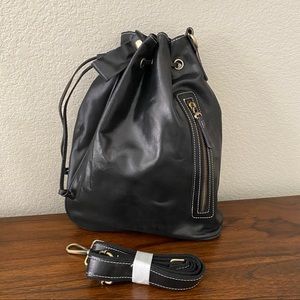 Convertible Black Leather Drawstring Bucket Sling Crossbody Bag Purse | S6
